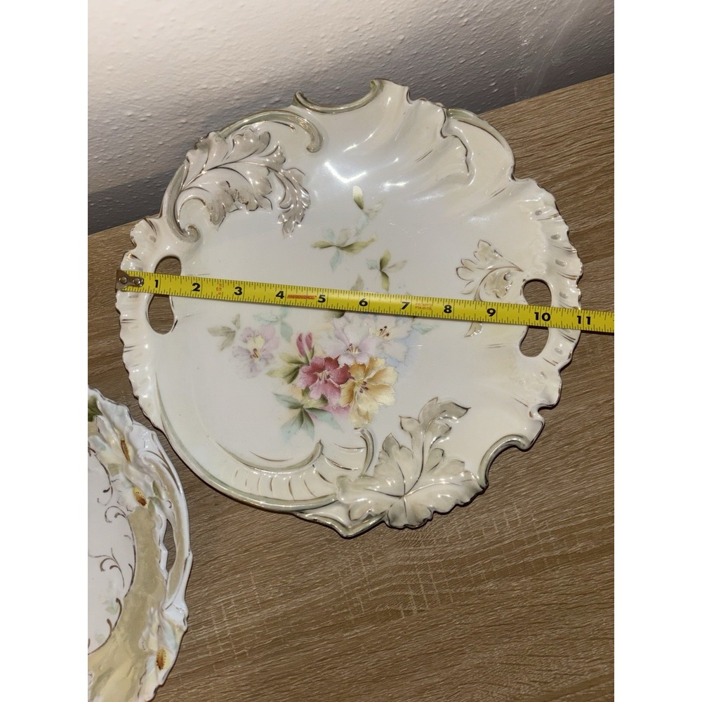 Pair Antique Victorian Hand Painted Porcelain Handled Cake Server Plates Floral - Picture 13 of 16